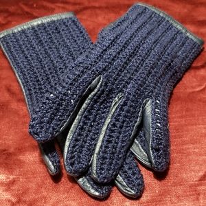 Vintage Chanel Navy Crochet and Leather Gloves with CC Logo Button Closure
